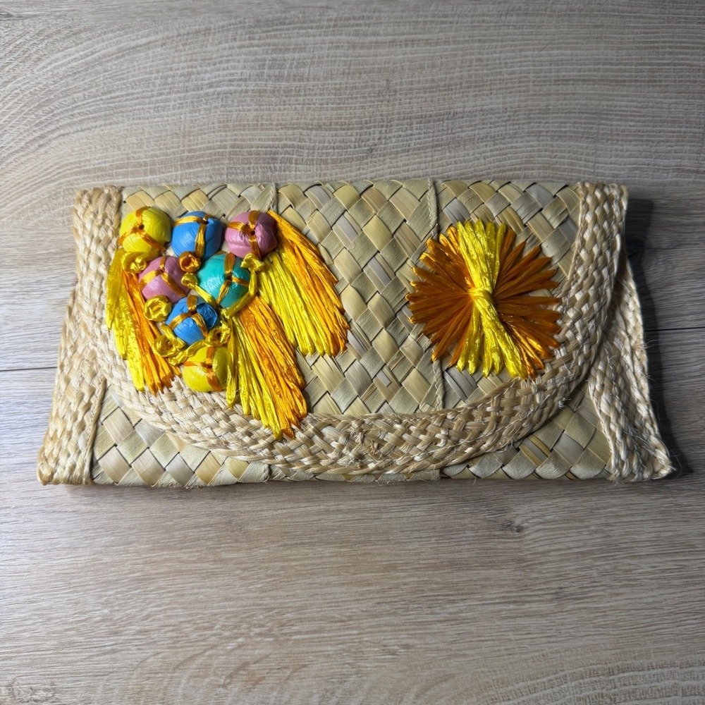 Vintage Straw Clutch Bag Woven Raffia Purse Tropical Boho Colorful Floral Summer